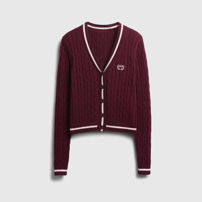 Gap Women's 2025 Autumn Embroidered Logo Cotton V-Neck Cable Knit Cardigan