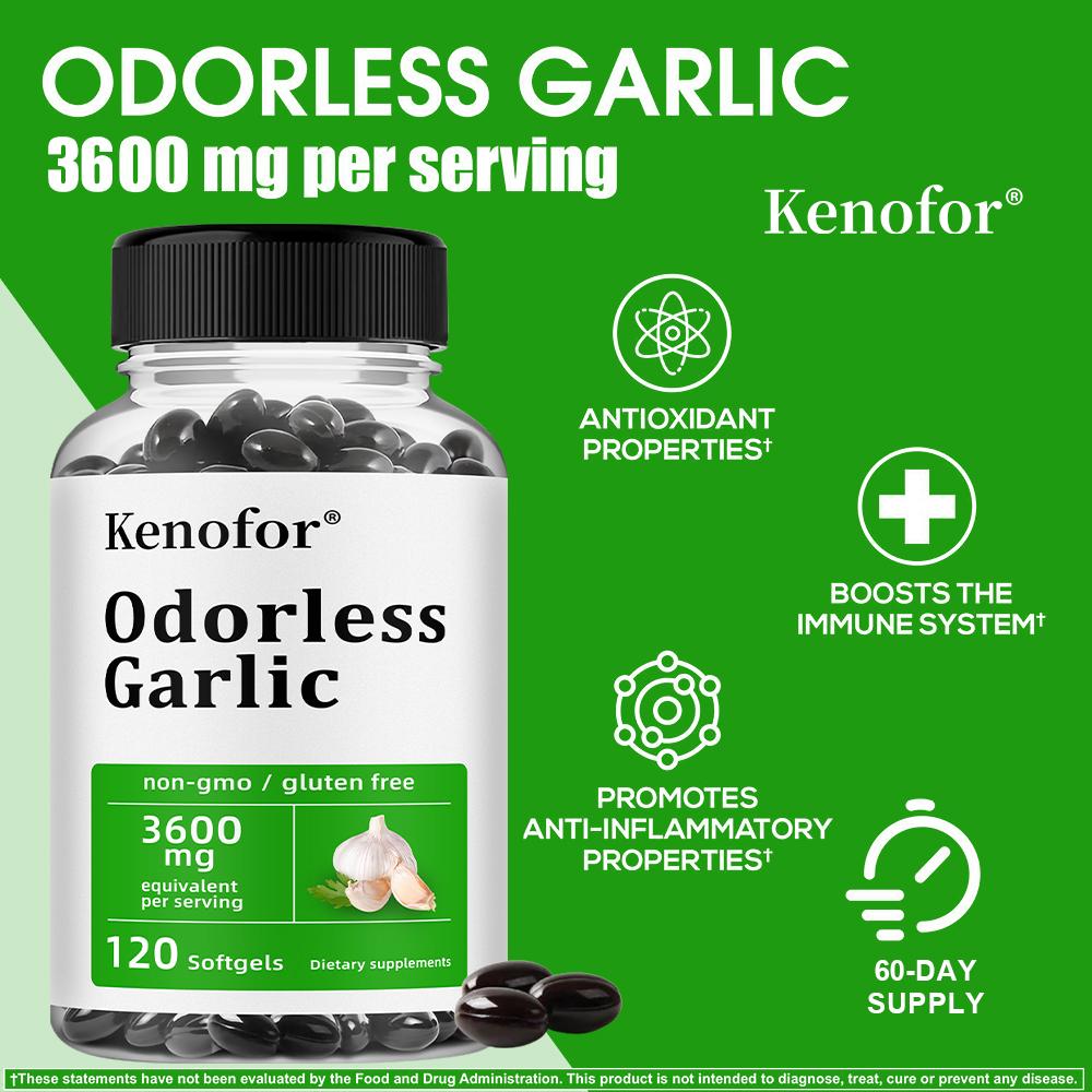 Capsule Molli All'Aglio Senza Odore 3600mg Equivalenti Per Porzione, 120 Capsule Molli Senza OGM Senza Glutine Integratore Alimentare