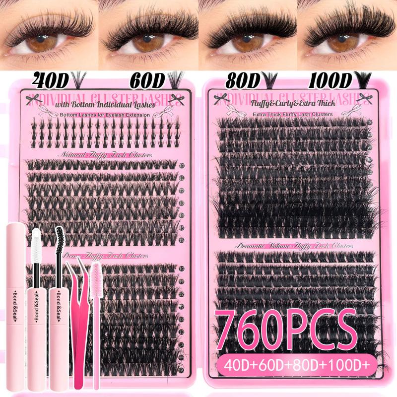 False Eyelash Set: 760-Piece Eyelash Book (40D, 60D, 80D, 100D) Includes Tweezers, Glue, and Brush