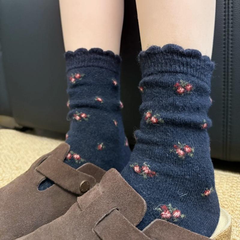 Antik Kleine Blumen~ Warm Und Wärmespeichernd Retro Kleine Blume Wollsocken Für Kinder Koreanisch Vielseitig Mittelrohr Stulpsocken