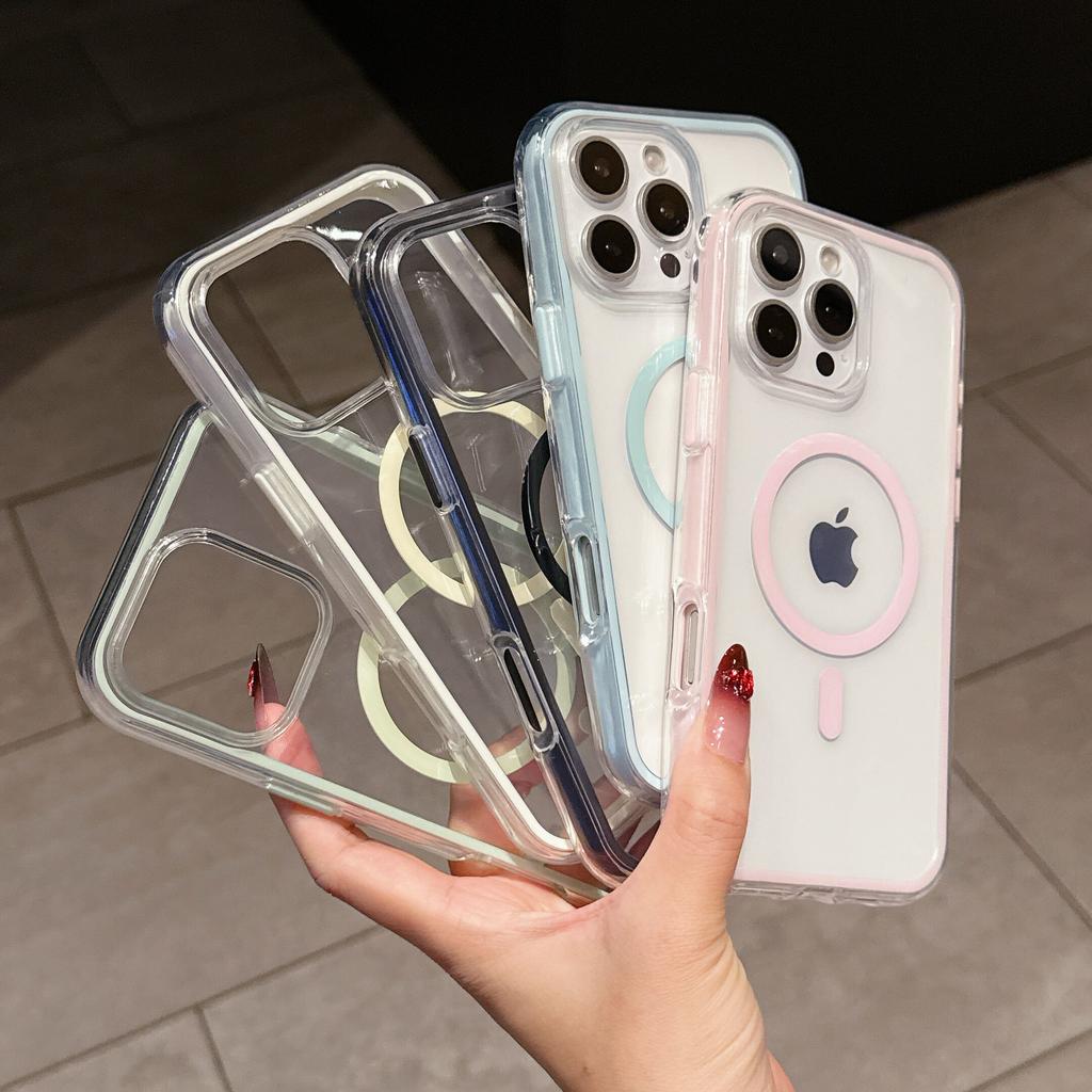 Transparent Soft Color Bumper Cover for iPhone 16 15 14 Plus 13 12 11 Pro Max For Magsafe Wireless Charge Magnetic Clear Cover