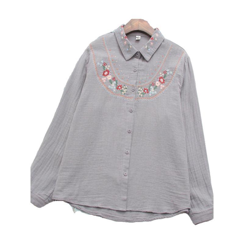Retro Artsy Ethnic Style Embroider Flower Pure Cotton Shirt 2024 Spring New Arrival Loose All-Matching Top Women