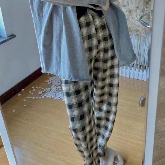 Dámské kalhoty elastický vysoký pas rovný široký kostkovaný potisk Zimní dlouhé kalhoty zesílená sametová podšívka teplé kalhoty