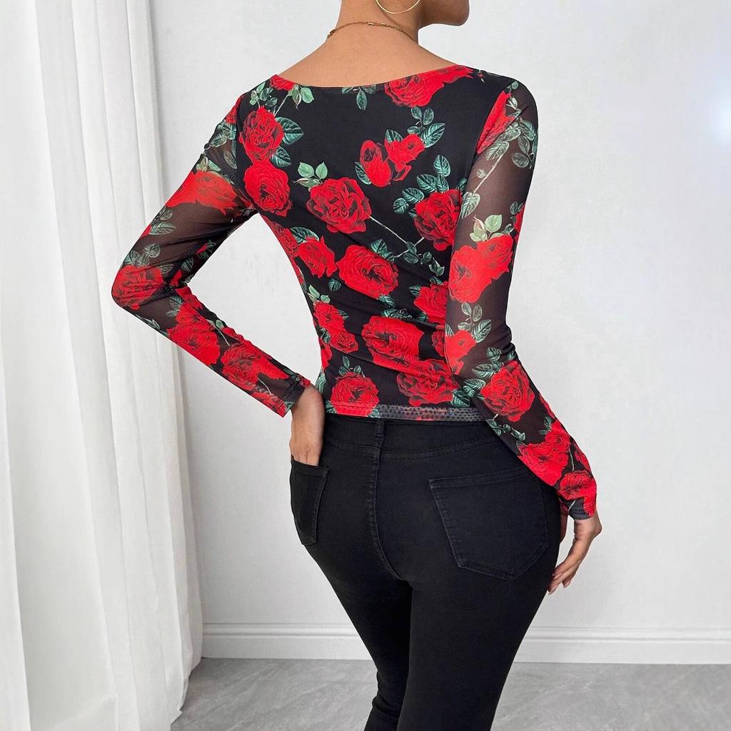 Spring Women's French Romantic Rose Floral Mesh Print Sexy U Neck T Shirt Fashion Daily Basic Office Lady Casual Slim Fit Ladies Elegant Top