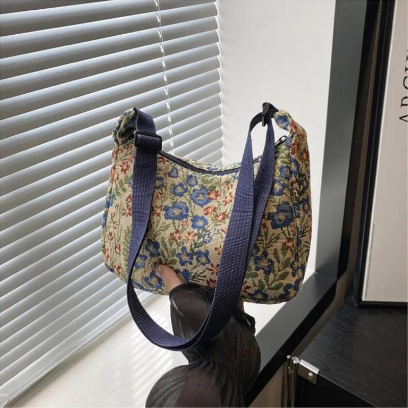 Chinese Style Vintage Print Underarm Bag Fashion Canvas Shoulder Bag Texture Temperament Crossbody Bags for Women Handbags