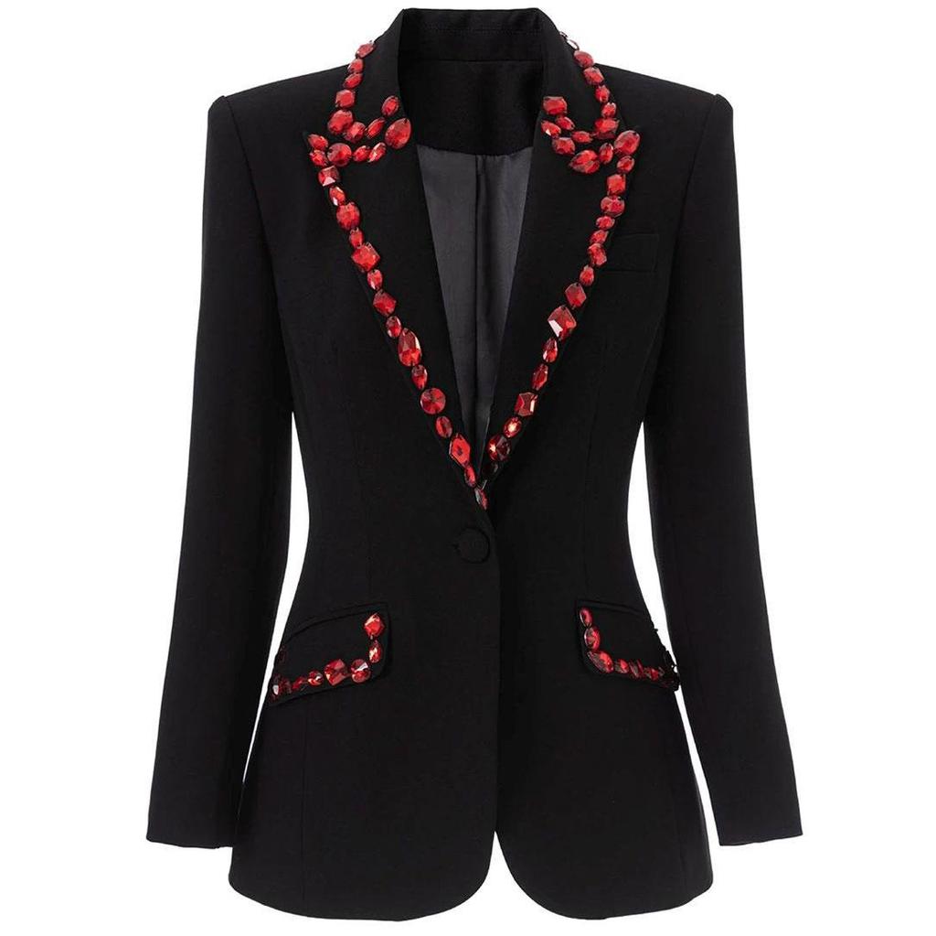 1 Piece Luxury Red Bead Decoration Women's Black Slim Fit Suit European American Fashionable Party Sparkling Blazer Femmes Blazer Mujer