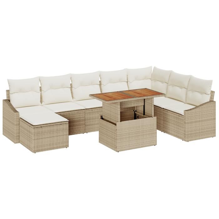 VidaXL Ensemble de salle à manger de jardin 9 pièces avec coussins Beige Rotin Poly Acacia 3349875