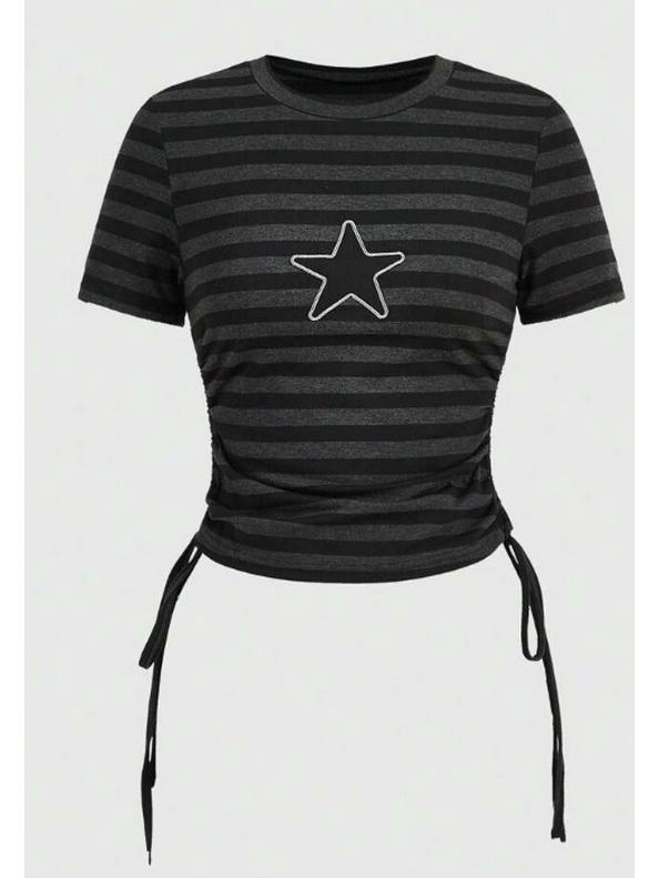 2026 Cross-border Sweet and Spicy Patchwork Punk T-shirt for Women - Irregular, Versatile Short-sleeved Top