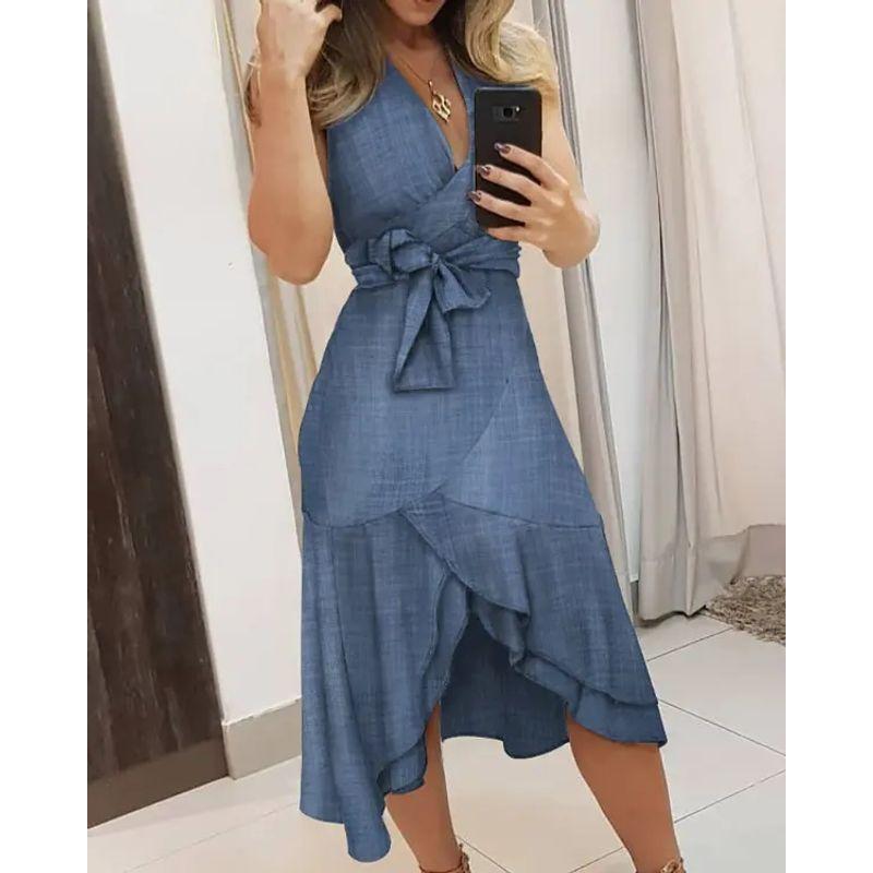 

Summer Fashion Fashion V-neck Floral Geometric Pattern Shoelace Waist-Tight Irregular Sleeveless Vest Dress Dress Pure Blue 2XL