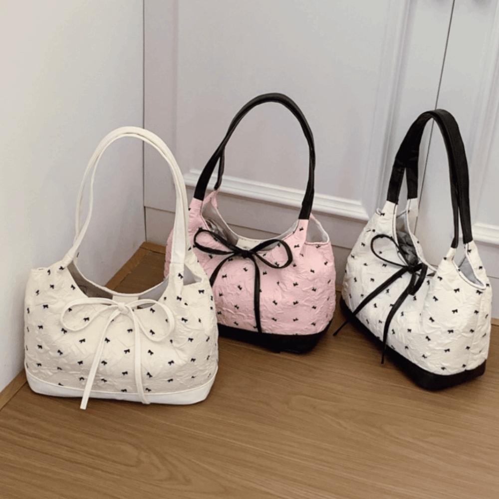 Sweet Bow Handbag Contrast Color Simple Versatile Shoulder Bag Korean Style Luxury Design Women Underarm Bag Commuting Tote Bag