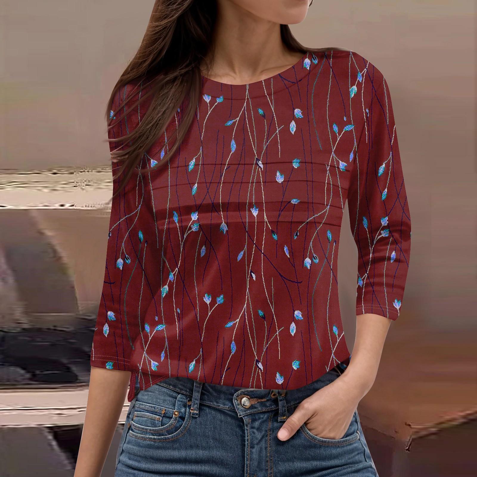 

Женская мода повседневный свободный топ с рукавом 3/4 и круглым вырезом L винный