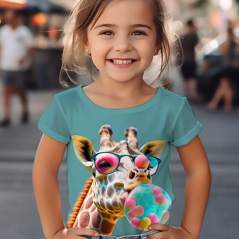 T-shirt Grafica a Fumetti Giraffa da Ragazza Maglietta Manica Corta Stampa Estate Primavera Attiva Moda Carino Bambini Esterno Casual Quotidiano