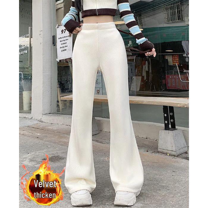 Petite High-Waisted Fleece-Lined Corduroy Pants for Women – Autumn/Winter Micro-Flared, Slimming, Casual Long Pants