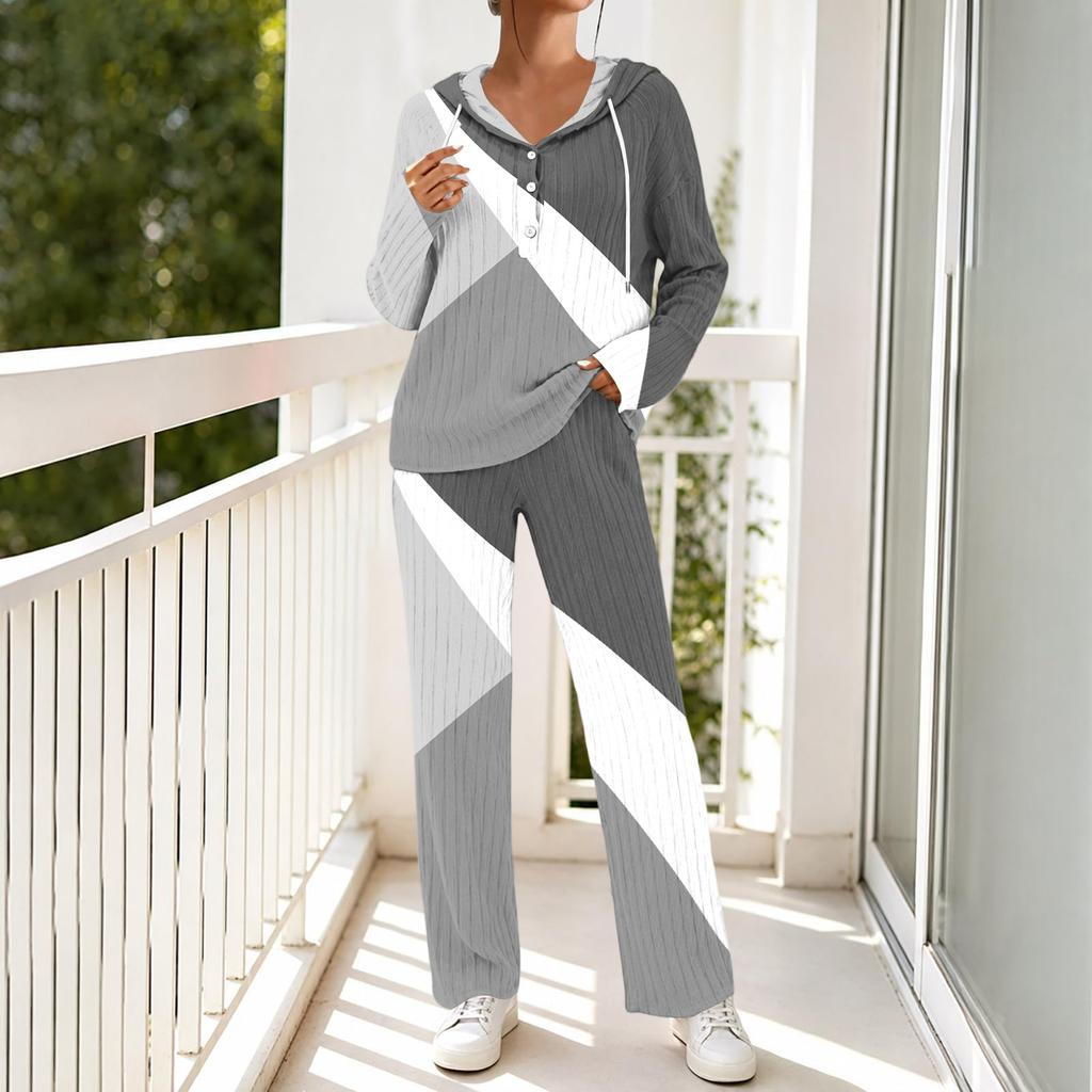 Women's V-Neck Printed Long Sleeve Hoodie Loungewear Set with Pockets - Loose Fit 2 Piece Casual Sleepwear Pajama Set for Home