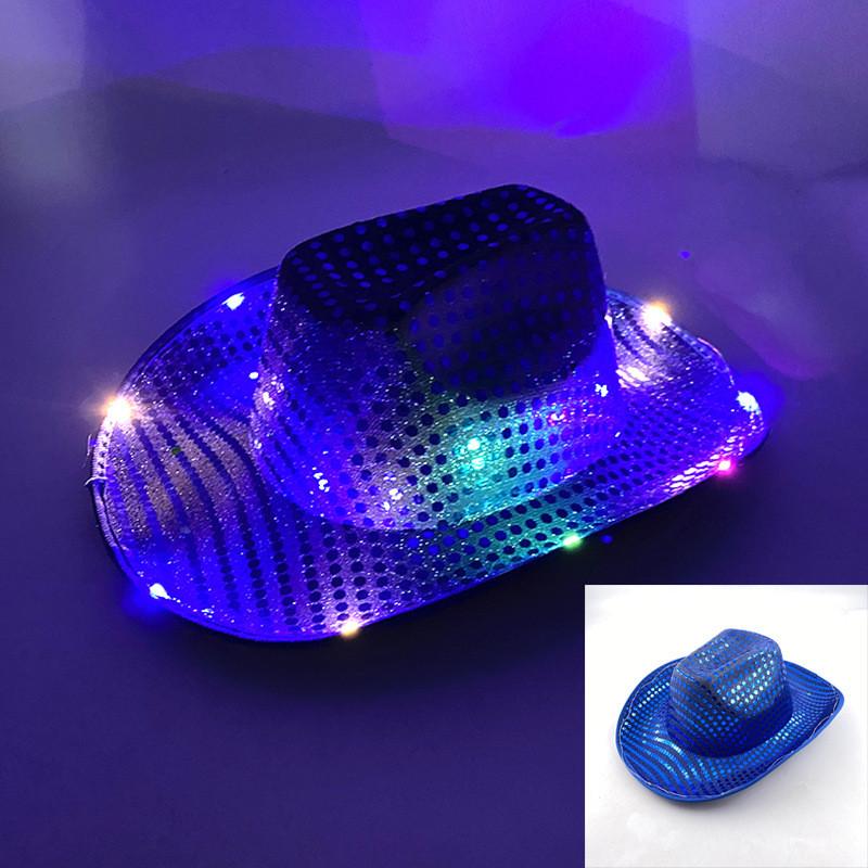 Four Color Led Light Up Western Cowboy Hat With Sequin Pattern For Party Cosplay Stage Performance