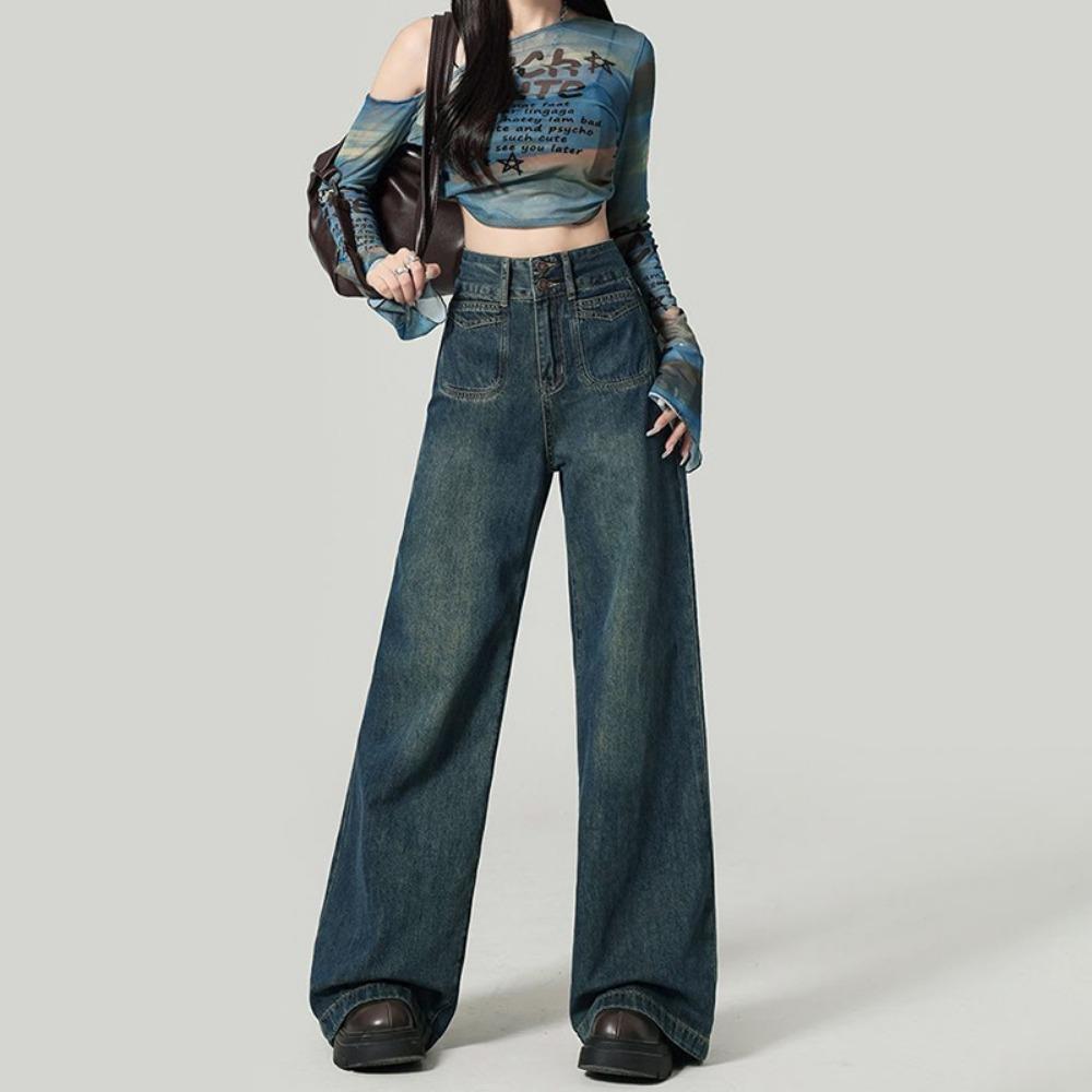 

Трендовые джинсы с драпировкой, высокой посадкой, двойной пряжкой, женские, простые, универсальные и стройнящие, широкие джинсы-швабры 2XL