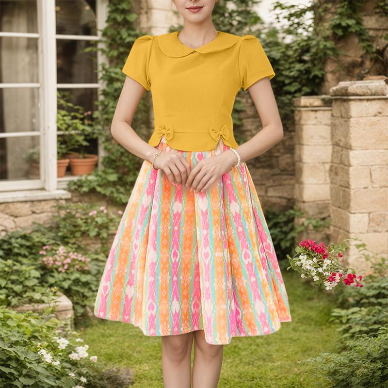 

ZANZEA Women Doll Collar Casual Short Sleeve Print Patchwork Dress S жовтий