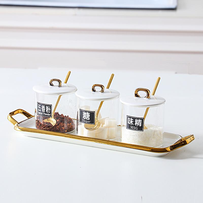 

Стеклянная банка для специй с керамическим подносом, коробка для приправ, комплект из трех предметов, домашние кухонные принадлежности, контейнер для специй, банка для приправ, комбинация