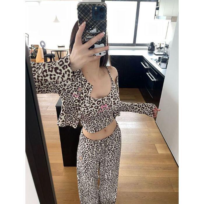 

Leopard Print Coolmax Cardigan & Floor-Length Pants Three-Piece Set L