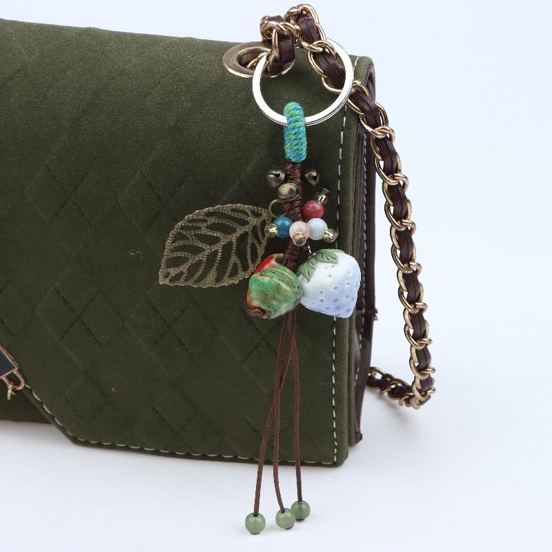 Handmade Ceramic Strawberry Pepper Keychain Vintage Style Smooth Surface Key Ring for Purse Hanging Decoration Gift