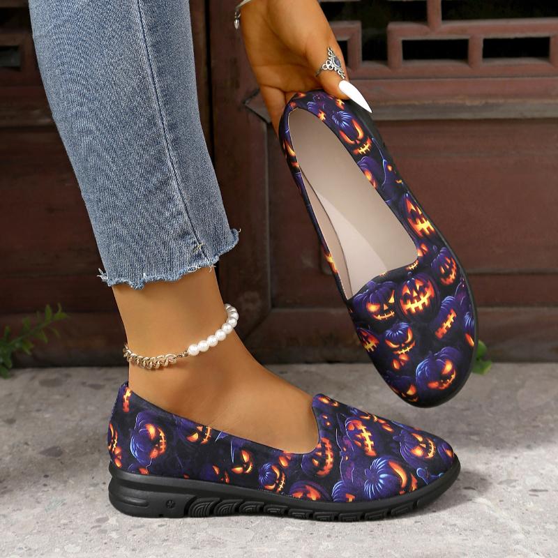 Fashion Women Flat Casual Shoes 2024 New Fashion Spring Autumn Slip-on Round Toe Lightweight Loafers Halloween Pumpkin Women Flat Shoes
