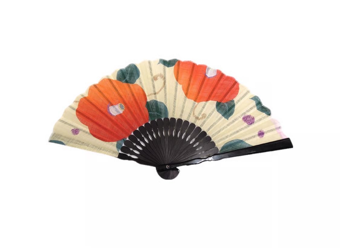 Women s Handkerchief Fan, Camellia Pattern, Red x Red