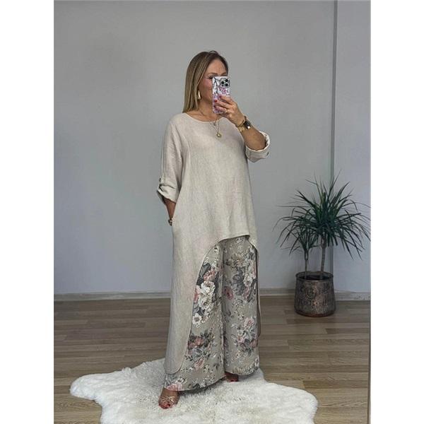 Women s Set Casual Irregular Top Printed Wide-leg Belt Pocket Set L покинуть белый