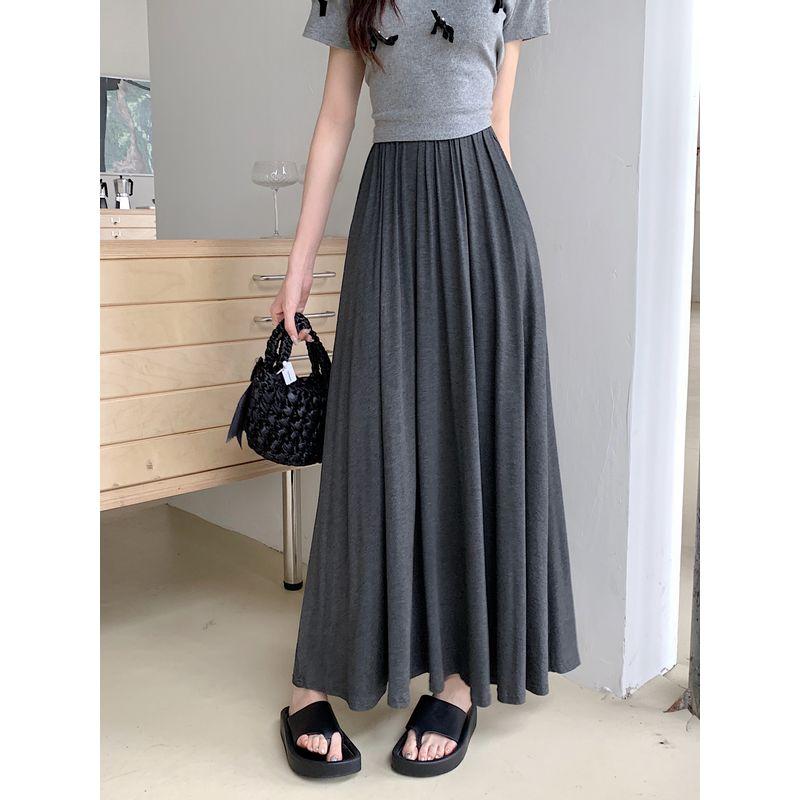 

Kumikumi Idle Style Solid Skirt A- Line Skirt Women s Autumn Loose Drooping High Waist Wide Hem Long Skirt Dark Gray XL