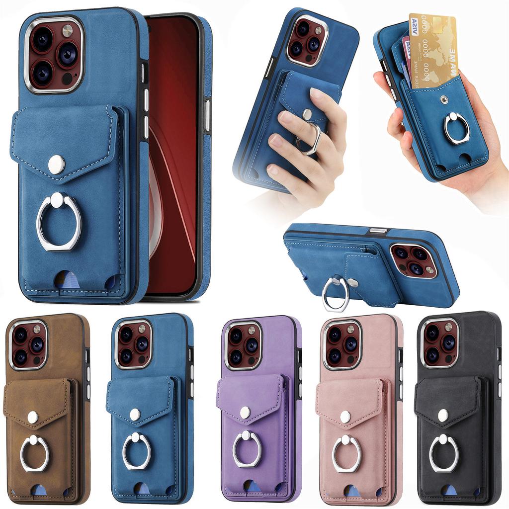 Elektrobelagt kortspor Ringholder Lærveske for iPhone 15 14 Plus 13 12 11 Pro Max XSMAX for Samsung S23 S22 S21 Ultra Plus S21FE A14 A54 A13 A53