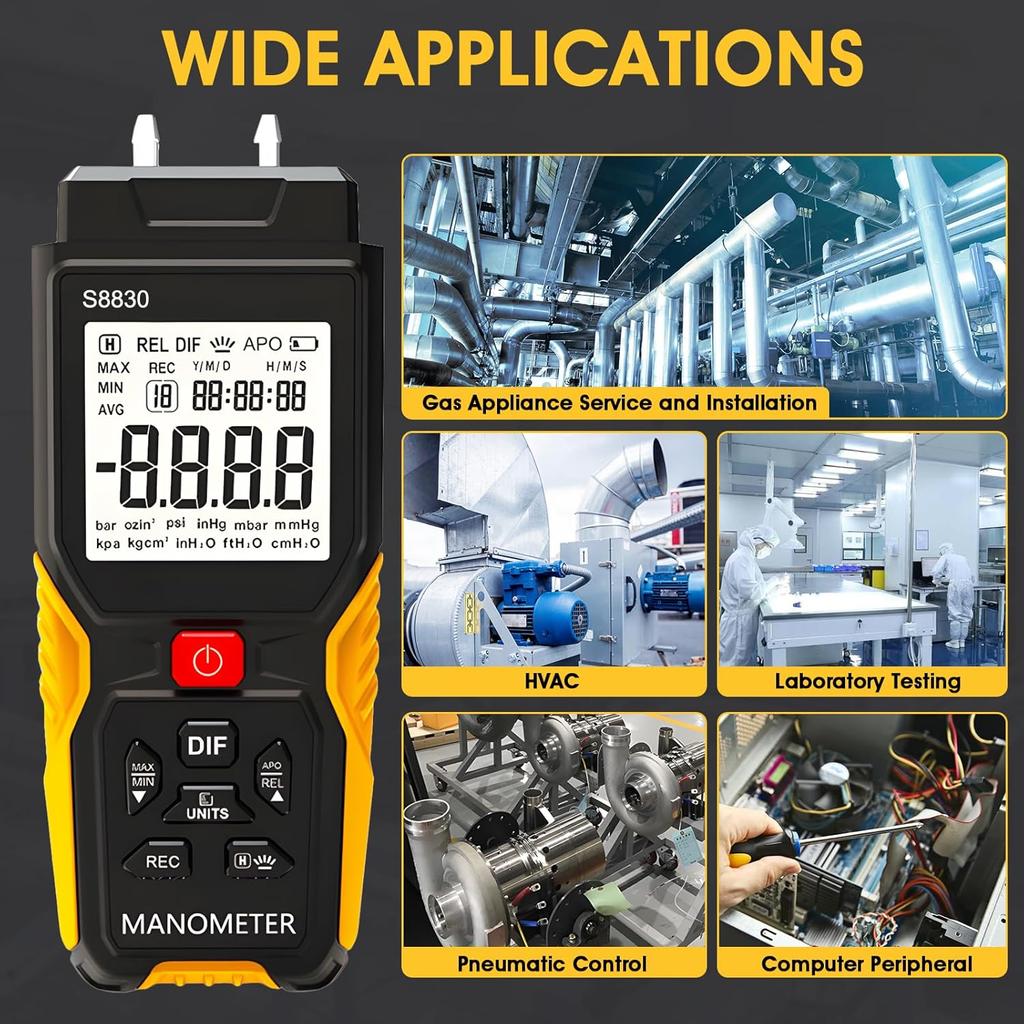 Manômetro Digital T9-S8830 ±36,8 kPa Testador de Pressão HVAC de Porta Dupla 12 Unidades Armazenamento de 99 Dados Luz de Fundo