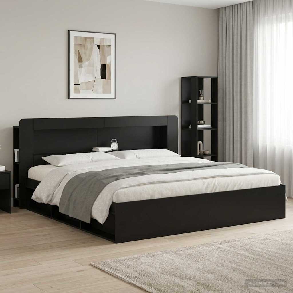 Headboard Cabinet with Storage Black Wood Based Material