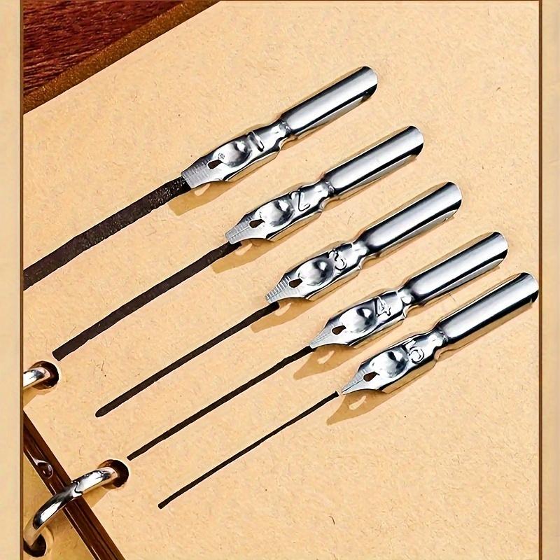 Ambidextrous Mechanical Calligraphy Pen with 5 Personalized Metal Tips, Medium Point, Round Body, Decorative European Retro Feather Quill for Beginner