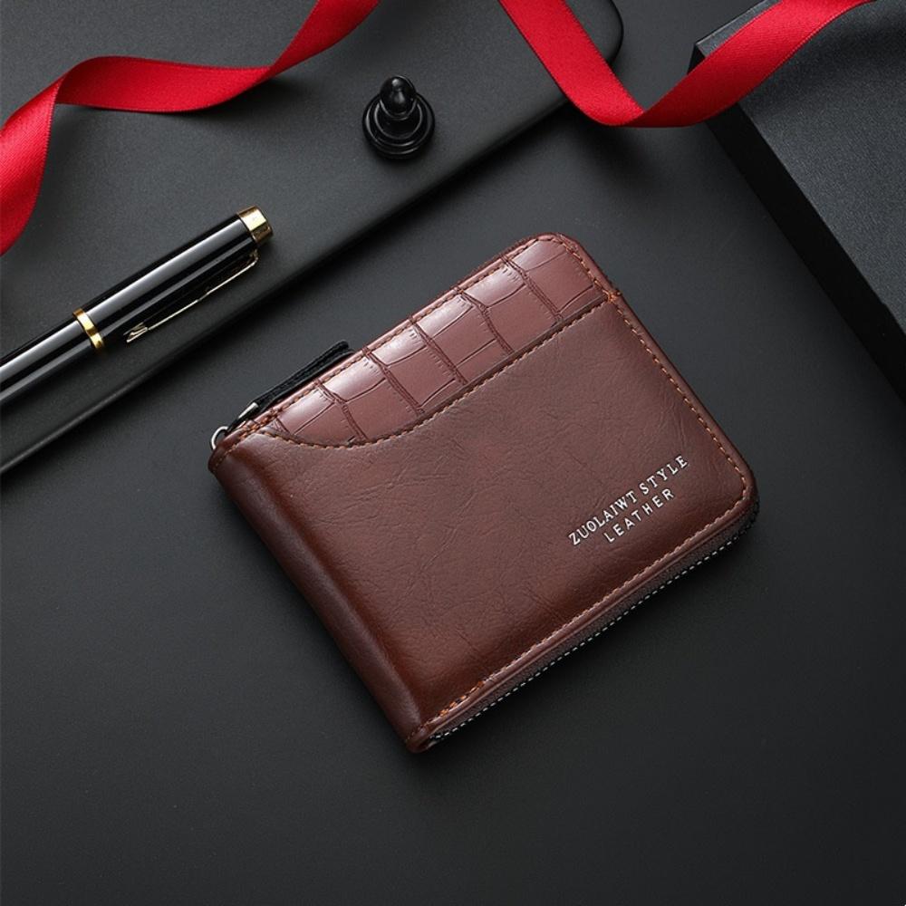 Vintage Men's Short Wallet PU Leather Zipper Folding Wallets Splicing Stone Pattern Large Capacity Coin Purse Multi Card Holder