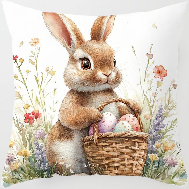 Pastel Easter Bunny Pillow Cover Cute Rabbit Basket Print Cushion Case Holiday Home Decor for Party Gift
