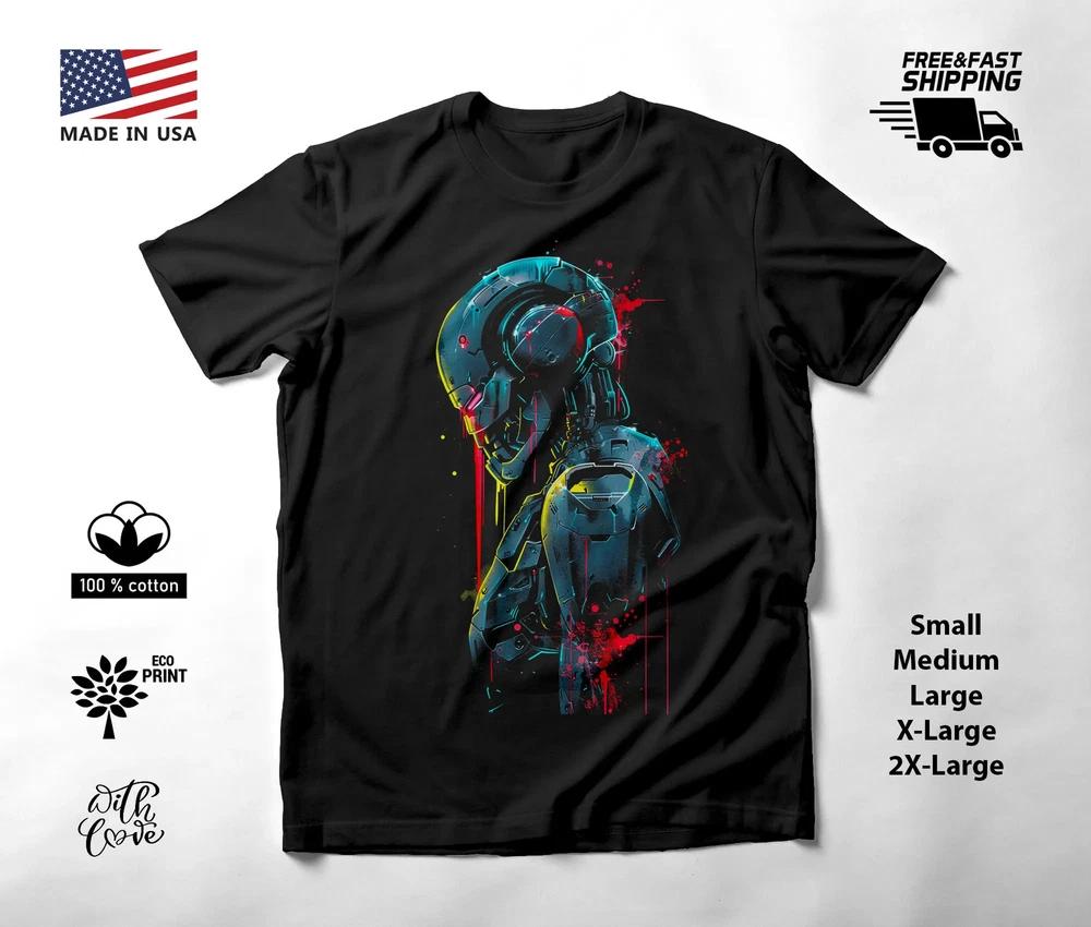 Armored Robot Neon Graphic T-Shirt Black Unisex S-2XL