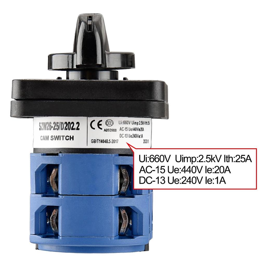 Heschen Universal Rotary Cam Selector Change-Over Switch, SZW26-25/D202.2, Latching 660V 25A, On-Off-On, 3 Position 2 Phase 8 Terminal, CE