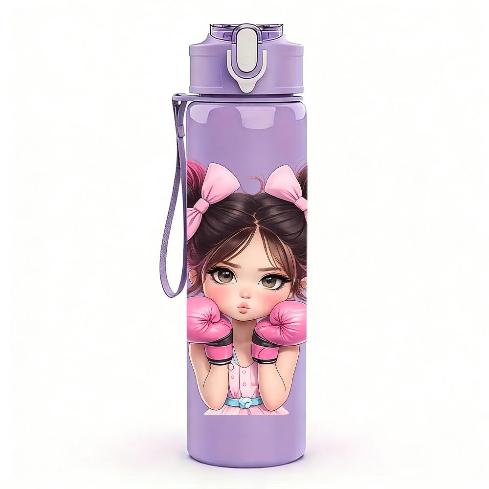 1PC Cute Girl Two Ponytails Portrait Print 750ml Color Plastic Sports Water Bottle Leakproof Flip Straw Lid Suitable for Sports Office Home Use