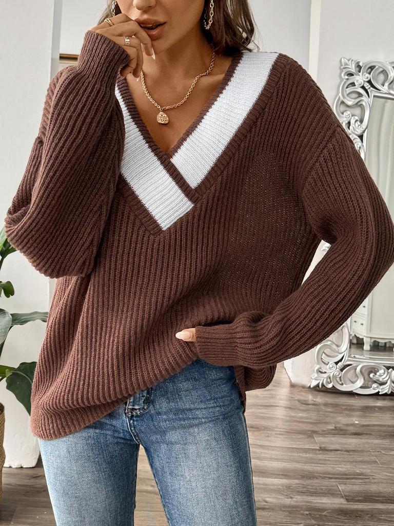 Women's Color Block Patchwork Deep V-Neck Loose Sweater - Long Sleeve Pullover for Autumn/Winter