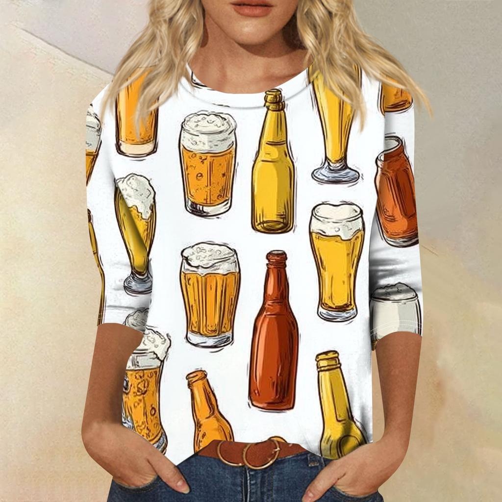 Women’s Casual Crew Neck Three Quarter Sleeve Top with Festival and Snack Print for Everyday Wear and Seasonal Events