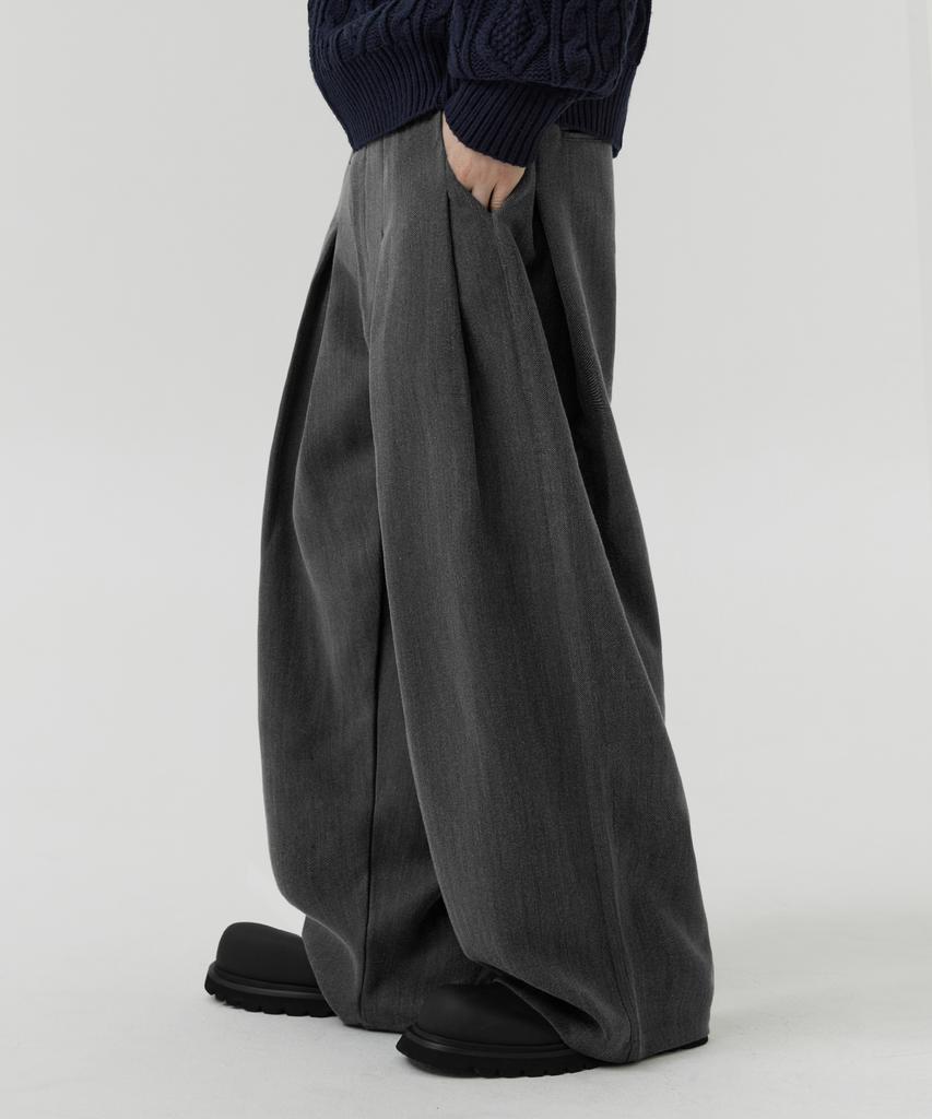 TRILLION Wool-Like Inverted Tuck Herringbone Wide Pants (Gray)