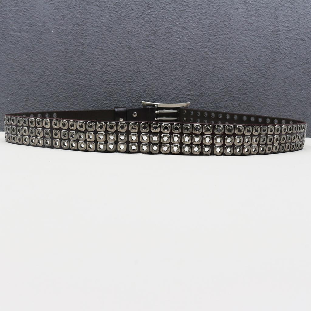 Robuster Punk Auto Auge Hohlniete Herren Rindsleder Gürtel Damen Drei-Dorn-Schnalle Japanisch Amerikanischer Motorradgürtel