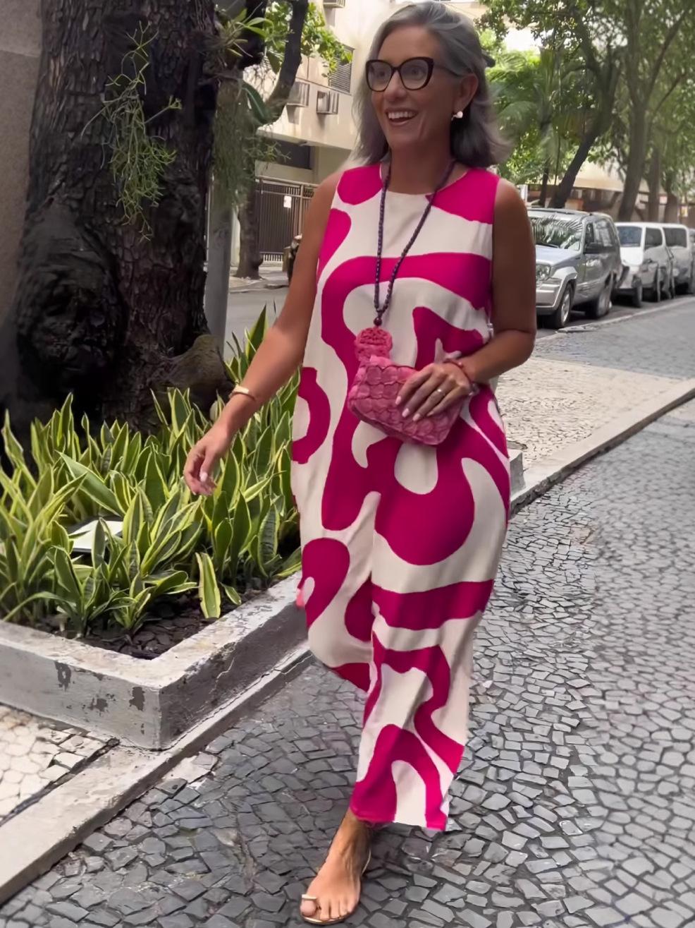 Europe, America 2026 summer new v-neck printed sleeveless dress casual vacation fashion dress S