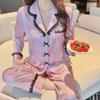 1011 pajamas women's new striped ice silk long-sleeved trousers can be worn outside bow loungewear lace suit spring and autumn