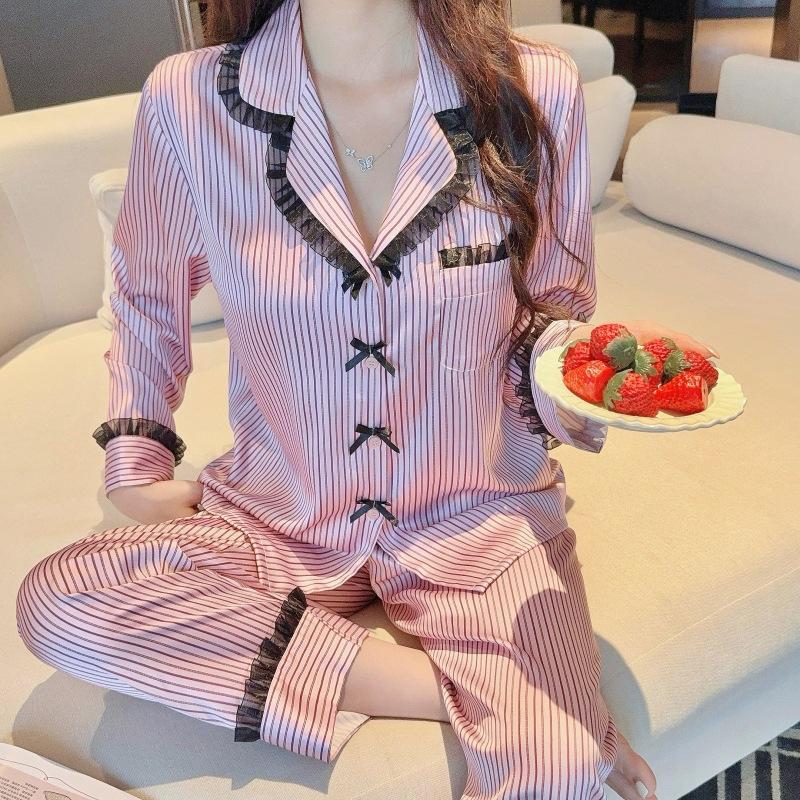 1011 pajamas women's new striped ice silk long-sleeved trousers can be worn outside bow loungewear lace suit spring and autumn