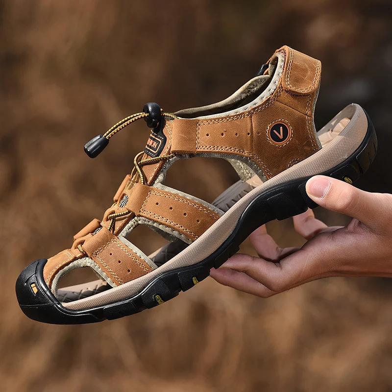 

Ретро Сандалі з натуральної шкіри для чоловіків 2025 Літо Нове чоловіче повсякденне взуття Дихаючі Зручні Плоскі шльопанці Нековзна підошва Для вулиці 38 світло-коричневого кольору