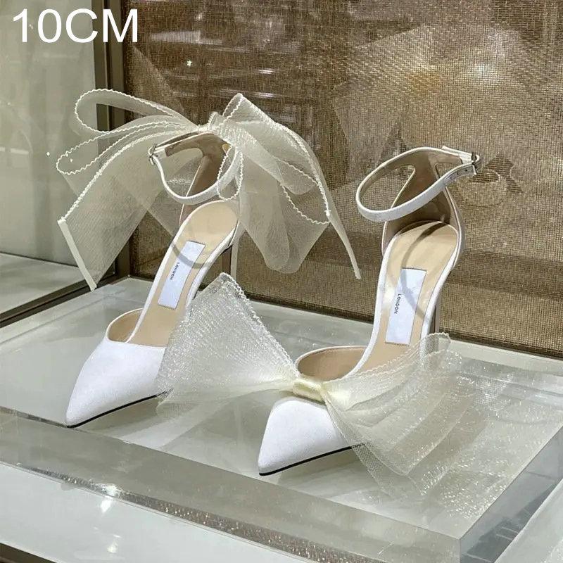 Fashion New One-Line Buckle Sandals Women'S Thin Heels With Bow Dinner Shoes Bun Head High Heels Pointed Shallow Mouth Single Shoes