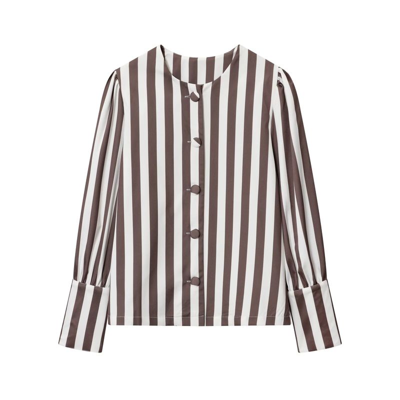 Za Autumn New Women's Clothing Zr European and American Style Foreign Trade Fashion Versatile Round Neck Long Sleeve Single-Breasted Striped Top