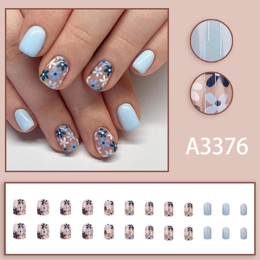 

Винтажные Синие Квадратные Ногти с Цветочным Рисунком, Готовые к Носке - 24 Штуки