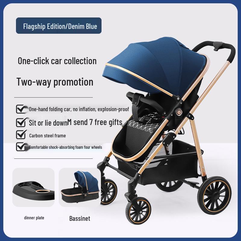 Reversible Baby Stroller with Shock Absorption: Sit & Lie Options, Foldable, High Landscape Design for Newborns.
