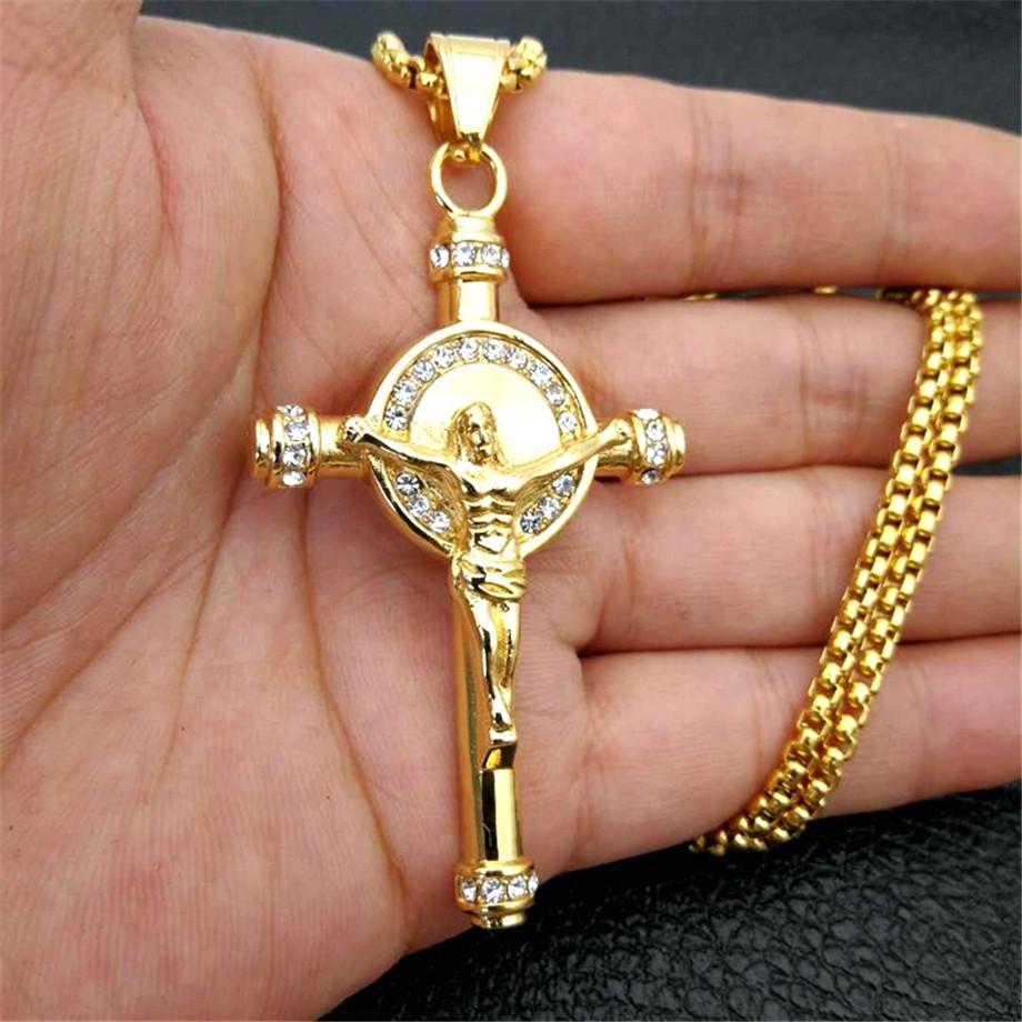Hip Hop Iced Out Big Jesus Cross Pendant Male Gold Silver Color Stainless Steel Crucifix Necklace for Men Religious Jewelry Gift